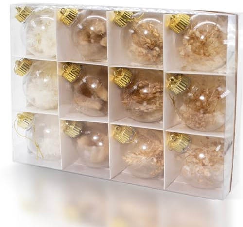 12 Stück transparente Weihnachtskugeln gefüllt mit Blume, 80 mm, Weihnachtsbaumschmuck, Ornamente, groß, bruchsicher, rustikale Weihnachtsschmuck für Weihnachtsbaum, Heimdekoration, Hochzeit, Party