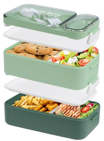 HENSHOW Boîte à déjeuner Bento pour adulte, 1600 ml Empilable Grande boîte à bento avec fourchette, cuillère, Boîtes à sauce, Anti-fuite pour le travail, l'école, la nourriture, Vert Morandi