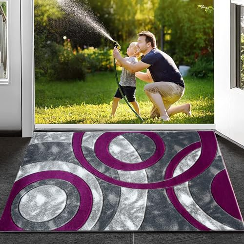B&B Small Shaggy Rugs for Living Room Door Mat Super Soft Dense Pile Non Shed Multi Circle Fluffy Kitchen Rugs Non Slip Floor Mat - 50 x 80 cm, Purple