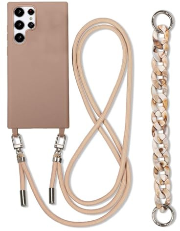 Rokmym Coque de Collier pour Samsung Galaxy S23 Ultra avec Cordon, Silicone Antichoc avec Bracelet, Réglable Lanyard CaseTour de Cou Chaîne Lanière Coque pour Samsung Galaxy S23 Ultra， Couleur Kaki