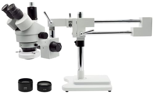 Professional Trinocular Stereo Zoom Microscope, 3.5X-90X Magnification with WF10X Eyepieces, 0.7X-4.5X Zoom Objective and 0.5X & 2.0X Auxiliary Lens, Double-Arm Boom Stand, 56S LED Ring Light