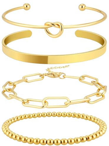 WATEFOER 4 Stück Armreif Damen Gold, Armband 14K Vergoldet, Armband Verstellbar Damen, Twist Schlange Kubanische Büroklammer Armbänder Schmuck für Damen Mädchen (Gold-01)