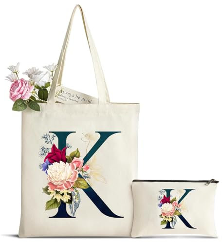 Personalisiert Initialen Tragetasche Canvas mit Innentasche, Kosmetiktasche mit Reißver, Baumwolltasche, Einkaufsbeutel Tote Bag, Geburtstag Weihnachten Geschenk für Frau Freundin Mama Brautjungfer K