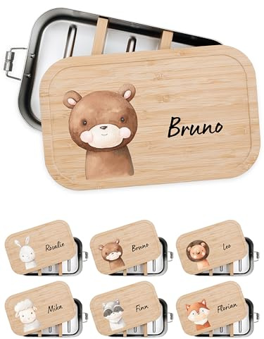 Bärenfreunde Brotdose Edelstahl Kinder personalisiert, Vesperdose Holz | Süße Kindergarten Lunchbox mit Bambusdeckel oder Namen für Kleinkinder, mit Fächern graviert als Geschenk, Dino, Traktor