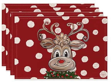 4er Set Platzset Weihnachten Tischset Weihnachten Leinen Platzdeckchen 30x45cm Winter Tischsets mit Kiefern Elch Schneeflocken Weihnachtsdeko