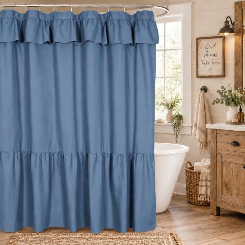 DOSLY IDÉES Duschvorhang mit Rüschen, Landhaus- und Chic-Stil, 183 x 183 cm, Blau