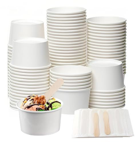 LoNinLoAn Paper Ice Cream Cups 60 Pcs 3 Oz Disposable White Paper Dessert Containers with Wooden Spoons, Perfect for Sundae, Frozen Yogurt, Pudding, Jelly