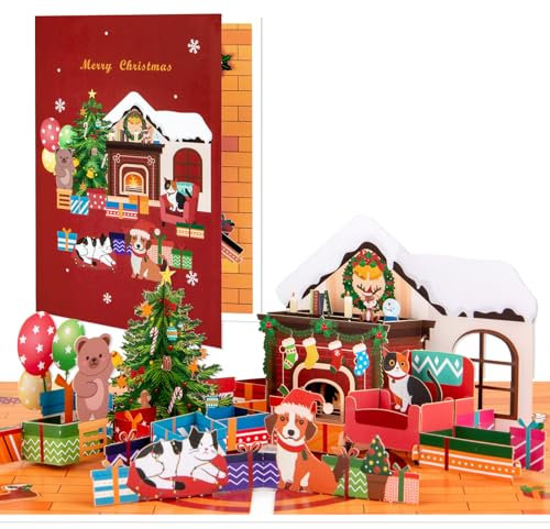 Magic Ants 3D Pop-Up Weihnachtskamin-Grußkarte – Gemütliche Weihnachtsszene mit Weihnachtsbaum, Haustieren, Geschenken und Kamin – Einzigartige handgefertigte Weihnachtskarte für Familie, Freunde