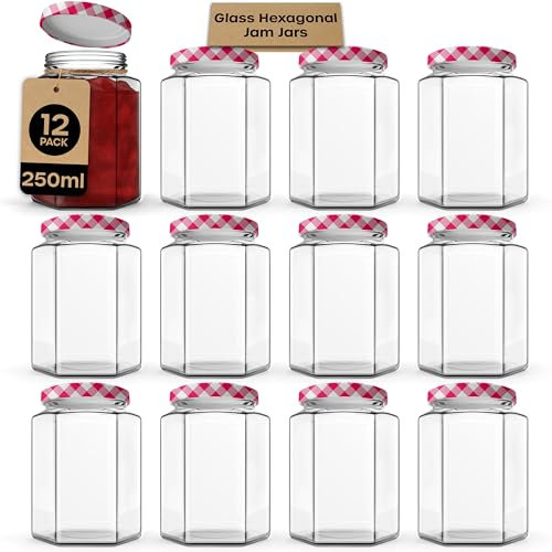 volila Jam Jars with Lids 250ml – 12 Pack Hexagonal Small Jars with Red Gingham Screw Top Lids – Airtight Glass Jars with Lids for Homemade Jam, Marmalade, and Chutney - Glass Jars with Lids