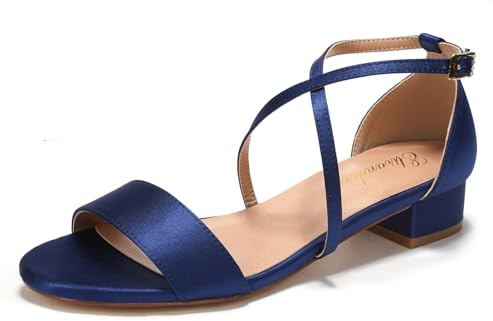 Elivandon J1584 Dam satin lågklackade kvällssandaler öppen tå 3 cm blockklack satin pumpar kväll fest brud bröllopsskor, Mörkblått, 38.5 EU