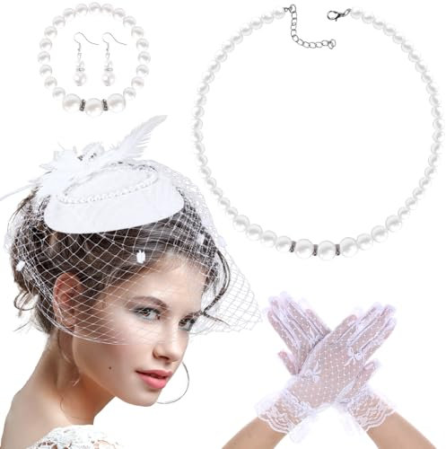 Abeillo 5 Stück Vintage Fascinators Hut, Fascinators für Damen, Schleier Spitzen-Fascinators Lace Glove Perlenkette Ohrringen für Frauen und Mädchen Teeparty Kopfbedeckung Hochzeit Fascinator (Weiß)