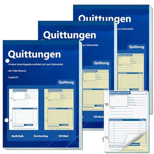 3 Stück A6 Quittungsblock Durchschreibend Rechnungsblock Kleinunternehmer 2 x 50 Blatt gelocht für Kleinunternehmer Vereine Selbständige