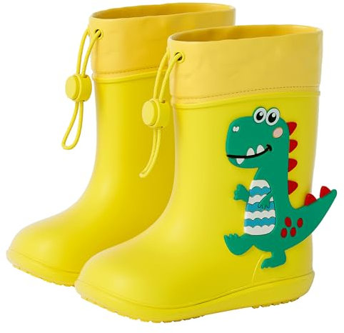 SEAUR Stivali da pioggia per bambini, in gomma, leggeri, 360 gradi, con coulisse regolabile, per bambini, motivo dinosauro 3D, 21-31 EU, giallo., 24 EU