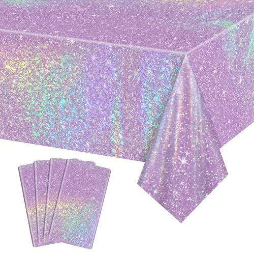 4 Stück lila Laser-Tischdecken, glänzende Rechteck lila Tischdecke für schillernde Party-Dekorationen Braut Hochzeit Party Supplies, 130 x 220 cm
