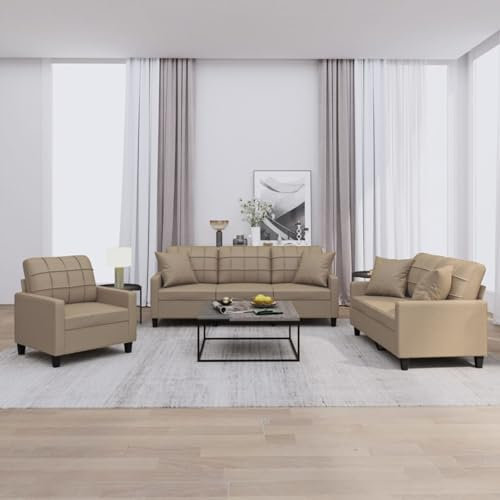Brokky 3-TLG. Sofagarnitur mit Kissen Sofa Wohnzimmer Sitzgruppe Wohnzimmer Sofa Set Sofas FüR Wohnzimmer Cappuccino-Braun Kunstleder - 3201352
