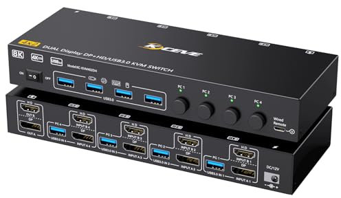 YOUTINGHDAV KVM Switch 4 PC 2 Monitore HDMI Displayport 8K@60Hz 4K@144Hz, USB 3.0 KVM Switch Dual Monitor for 4 PC teilen sich Tastatur, Maus und Drucker, mit Wired Remote