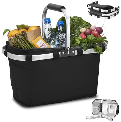 Einkaufskorb Faltbar 30L, HOVCEH Stabiler Einkaufskorb mit Deckel, Wärmeerhaltung Tragekorb mit Henkel, Aluminium-Folienträger Shopping Basket Schwarz, Carrybag für Reisen/Picknick/Einkaufen/Geschenk