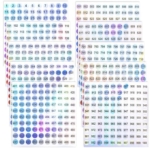 JJUNW 10 Blatt Nummer Aufkleber, 1-1000 Nummer Klebepunkte Etiketten Wasserdichte Runde Aufkleber Selbstklebende Runde Zahlen Aufkleber Laser zum Sortieren des Inventars Organisieren Codierung (10mm)