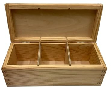 Wooden World – Holzkiste für Tee mit 3 Fächern – Organizer für Teebeutel, Gewürze, Schmuck oder Geschenke – Naturholz, Multifunktional