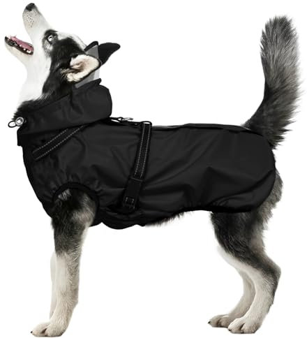 OUOBOB Dog Raincoat Waterproof, Rain Jacket with Reflective Strips, H-Harness (D-Ring) & Detachable Hood with Visor, Ideal for Medium/Large Dogs [Black, Size 3XL]