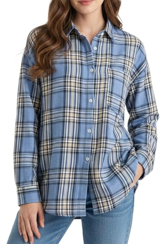 Generisch Camisa de franela a cuadros para mujer en azul claro - Blusa de leñador de manga larga con bolsillo en el pecho | Camisa clásica con botones para el aspecto de capas, Style_n01 Blue, L