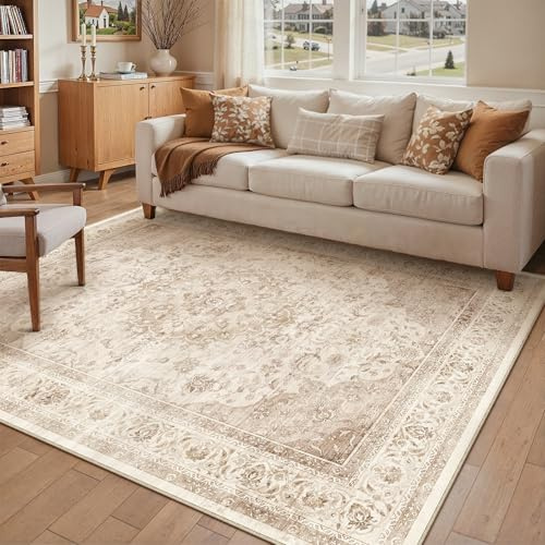 PureCozy Beige Teppich Wohnzimmer 160x230cm Vintage Waschbarer Tepich | Rutschfest Kurzflor,Weich Teppiche,Wohnzimmerteppich,Schlafzimmer,Esszimmer,Büro,Kinderzimmer