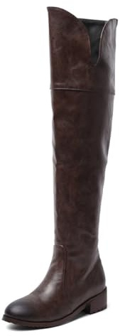 Generico Donna Punta Rotonda Stival da Cowboy Western Pelle PU Stivali Alti alla Coscia con Cerniera Laterale Tacco Basso Stivali sopra Il Ginocchio,Marrone,42 EU