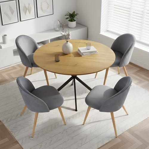 Songvas Essgruppe Set Tisch und Stühle, Essgruppe 5-Teilig, 120cm Runder Esstisch und 4 Samt-Esszimmerstühle, Geeignet für Küchen, Esszimmer und Wohnzimmer