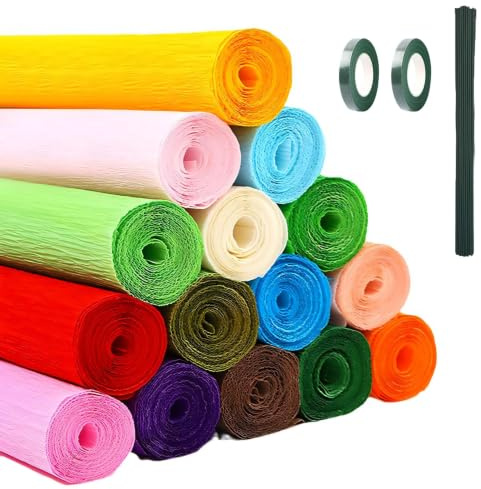 47-teilig Krepppapier Bunt Set, 250x25cm, Blumen DIY Geburtstagsdeko | Extra dickes Floristenkrepp Bastelpapier, 2 Rollen Grünes Klebeband & 30 Blumenstielen, Partydekoration