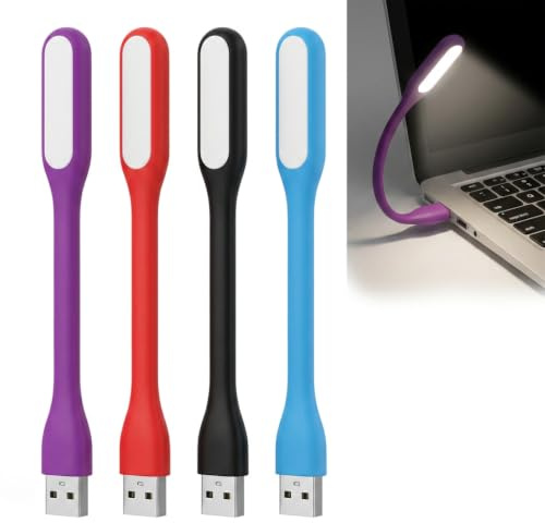 Zynqo Lot de 4 mini lampes LED flexibles USB avec col de cygne, lampe portable USB pour ordinateur portable, clavier, bureau, lecture, lampe compacte à économie d'énergie, 4 couleurs : noir, rouge