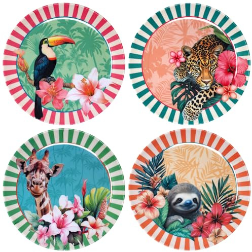 Blue Whale Gifts Tropical Jungle Animal Melamine Dinner Plates 25cm Summer Dining Set - Set of 4