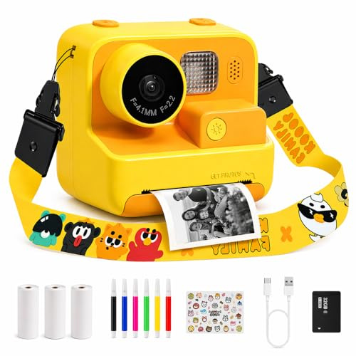 Kids Kam The OG Kids Camera Instant Print, 1080P Instant Print Camera for Kids with 32GB Card & 3 Rolls Paper, Selfie Digital Camara, Funny Toys Gifts for Boys & Girls Age 3-12 (Yellow)