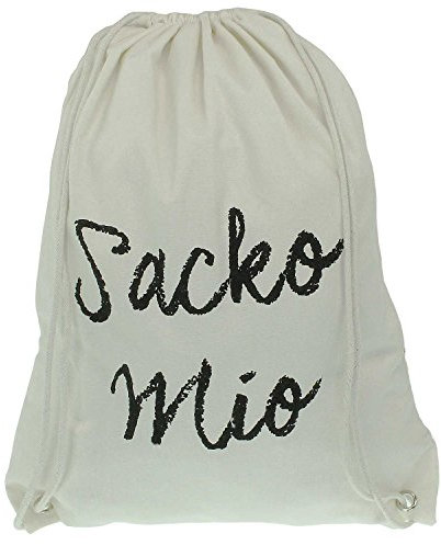 MACOSA WV41854 Turnbeutel Weiß/Schwarz mit Spruch Sacko Mio mit Kordelzug Jutebeutel Gym-Bag Festival-Rucksack Sportbeutel Stoff-Tasche Kordel