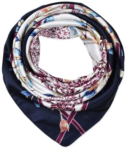 corciova 35 Ladies Satin Square Silk Like Hair Scarves and Wraps Headscarf for Sleeping Pansy Purple Oxford Blue Branches Birds Flowers Pattern