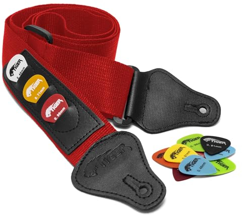 TIGER Tracolla per Chitarra, con Plettri Extra, Rosso