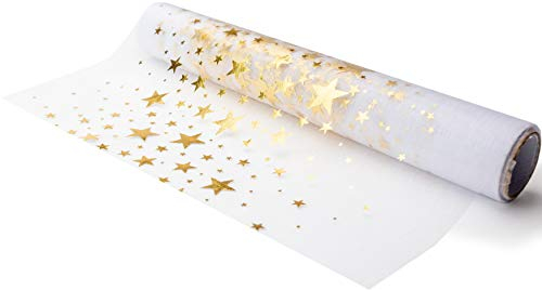 100%Mosel Organza Tischläufer Sterne, in Gold (28 cm x 5 m), transparentes Tischband, edle Tischdeko für Weihnachten & Adventszeit, Festliche Dekoration zu besonderen Anlässen