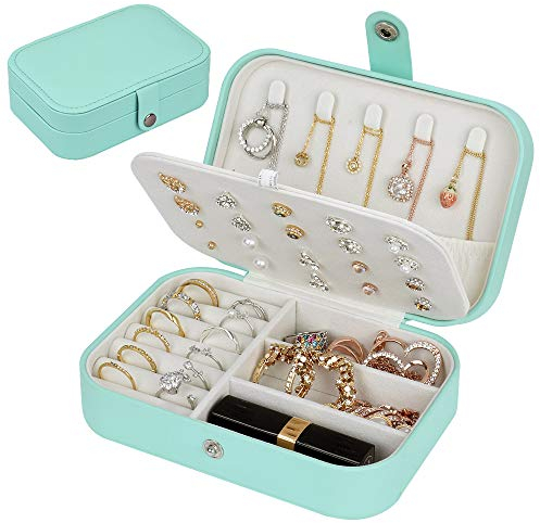 jiemei Schmuckkästchen, Reise-Schmuckkästchen mit doppelter Schicht für Damen Halskette, Ohrringe, Ringe und Reisezubehör Tiffany Blue