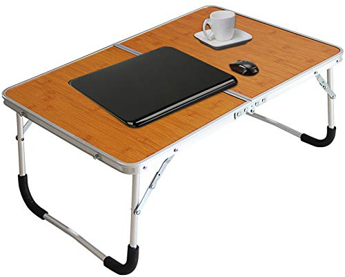 Mesa plegable para ordenador portátil, mesa de cama, bandeja para desayuno, mini mesa de picnic portátil y ultra ligera, se pliega a la mitad con espacio de almacenamiento interno (grano de madera)