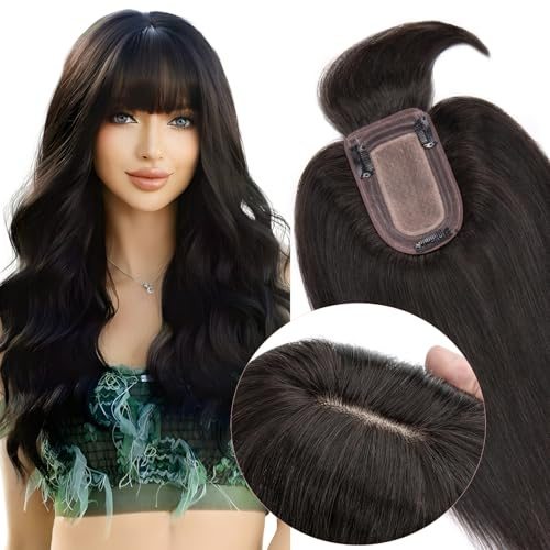 Topper Extensions mit Fringe Haartopper für Frauen 150% dichte Haarteile Clip in 7 * 13cm Basis weich 6’’(15cm): 27g #1B Natürliches Schwarz