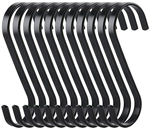 10 Pack S Hooks for Hanging, 8.5cm Black Stainless Steel Metal Heavy Duty Kitchen Hooks for Utensils Pan Pot Kitchen Bedroom Bathroom Clothes Garden Office