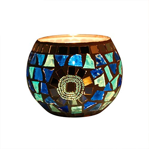 Bougeoir en Verre Mosaïque, 10,5 x 7 cm, Mosaïque Photophore Craquelé Porte-Bougie Romantique, Bougeoir Fait Main en Verre Motif pour Décoration Intérieure, Bleu 3