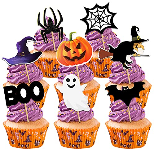 KEELYY Halloween Cupcake Toppers, 48 Stück Halloween Picks Kuchenaufsätze für Halloween Party Kuchen Muffin Käseplatte Vorspeisen Dekor, Kürbis Fledermaus Schädel Geist Spinne