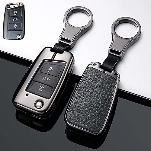 HIBEYO Coque de clé de Voiture en Cuir pour VW Golf 7 avec Porte-clés pour Jetta MK7 GTI MK7 Skoda Octavia Superb A7 Seat Leon Protection Boîtier de clé 3 Boutons Noir