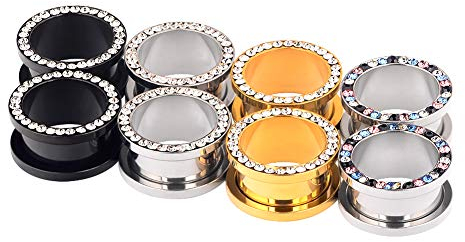 Longbeauty 8 Stück Edelstahl Ohr Tunnel Set Mehrfarbig Schraubverschluss mit Edelsteinen Piercing Schmuck Schwarz Silber Gold 14mm