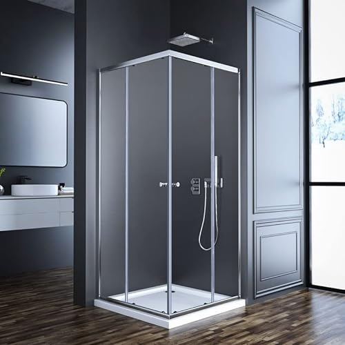 Goezes Eckeinstieg Duschkabine Schiebetür 80x80cm Duschabtrennung, Eckeinstieg Glas Duschkabine mit Schiebetüren Duschkabine aus 6mm ESG Sicherheitsglas, Duschwand Höhe 185cm