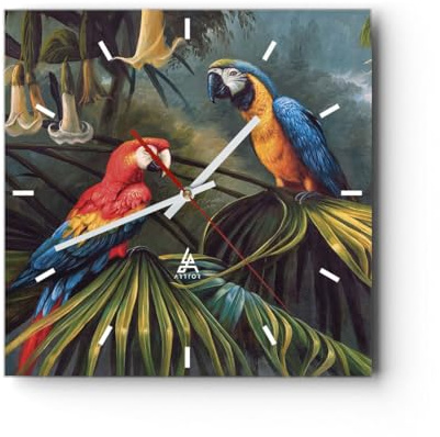Modern Wanduhr Ara Papageien Palmen 40x40cm Quadrat Groß Wand Uhr Glas Analog Zimmeruhren Küche Büro Wohnzimmer Glasuhr Wall Clock Dekoration Design Wanddekoration Küchenuhr C3AC40x40-4780