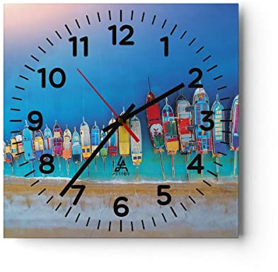 Modern Wanduhr Schiffe Strand Perspektive 40x40cm Quadrat Groß Wand Uhr Glas Analog Zimmeruhren Küche Büro Wohnzimmer Glasuhr Wall Clock Dekoration Design Wanddekoration Küchenuhr C4AC40x40-4415