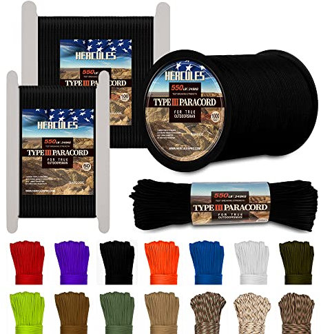 HERCULES Typ III Paracord 550 Paracord Seil Fallschirmschnur, 100' schwarzes für Survival Rope, Survival Cord