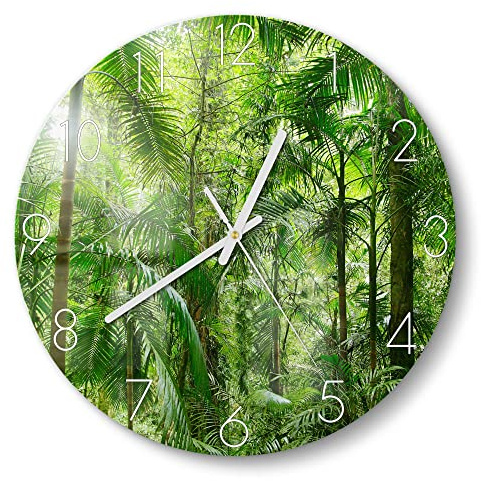DEQORI Glasuhr | rund Ø 30 cm | Motiv Mitten im Dschungel | ausgefallene leise Design Uhr aus Glas | Wanduhr für Wohnzimmer & Küche | moderne Hingucker Uhr für die Wand