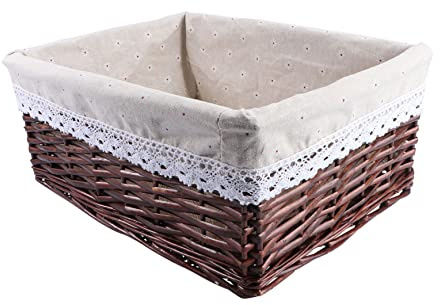 Cabilock Rectangular Wicker Storage Basket with Safe Inner Fabric Large Capacity Rattan Laundry Bin 40x30x16cm for Clothes Toys Home Organisation